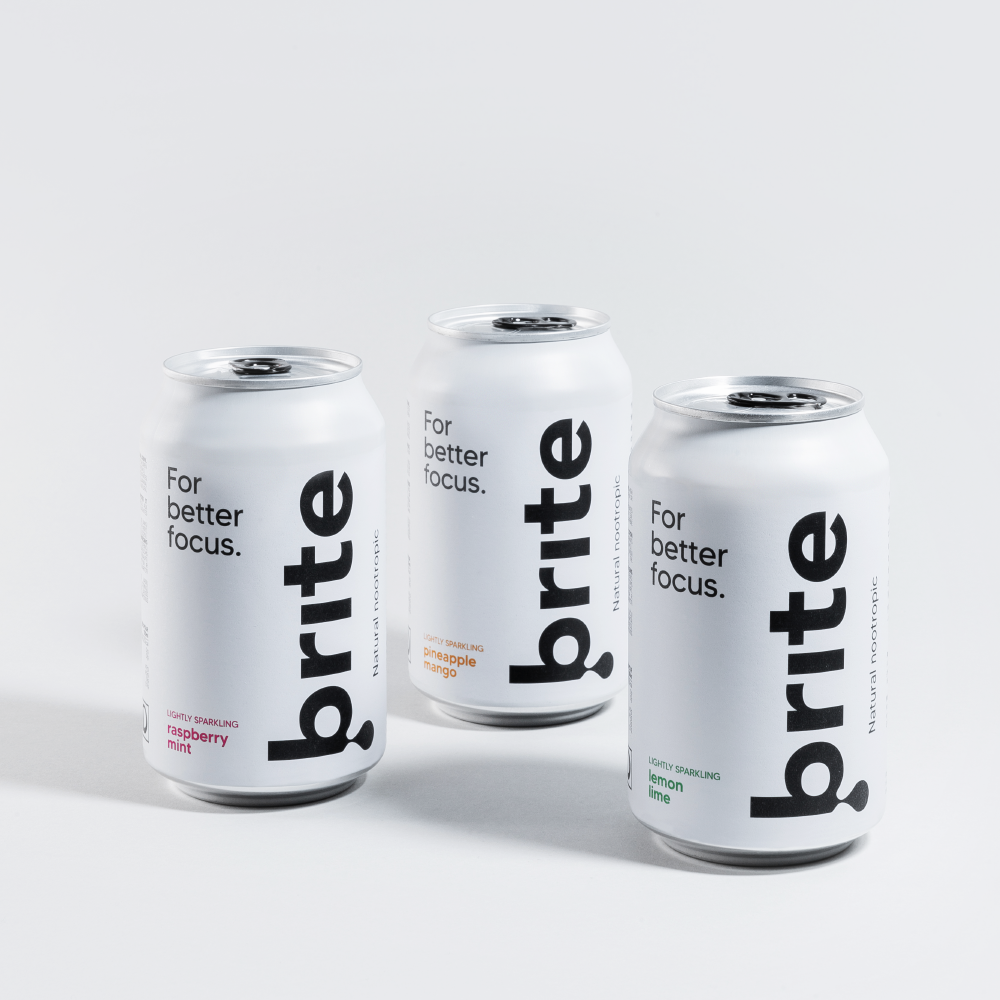 Brite nootropic drinks in a can on a grey background.